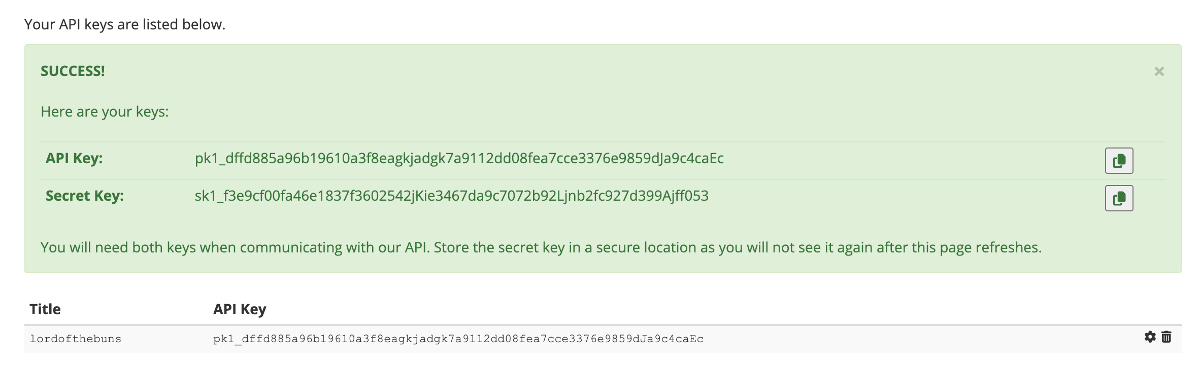 Secret key and API Key display after creating keys